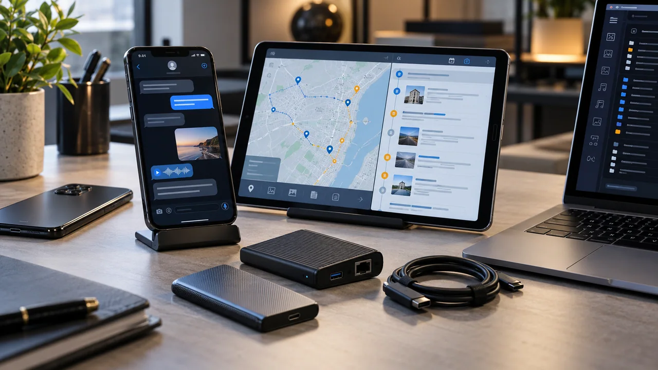 Celulares, tablet e equipamentos em uma mesa de análise digital.